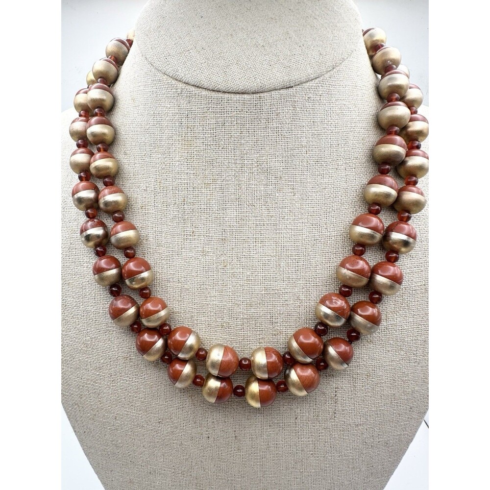 Vintage Jasper Carnelian Bead Necklace Double Strand Gold Tone 17.5”